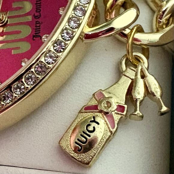 NIB JUICY COUTURE Gold Pink Rhinestone Heart Watch Charm Bracelet Crest Key GIFT - Picture 9 of 16